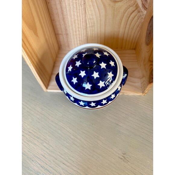 EUC Boleslawiec Polish Pottery Stars & Stripes Red Wht Blu Covered Sugar Bowl 5" - Picture 4 of 7